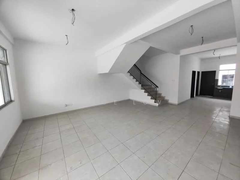 Room features: white painted walls, tile flooring, staircase with metal railing, large windows, open layout, no visible furniture, high ceiling, neutral color scheme; style: modern.