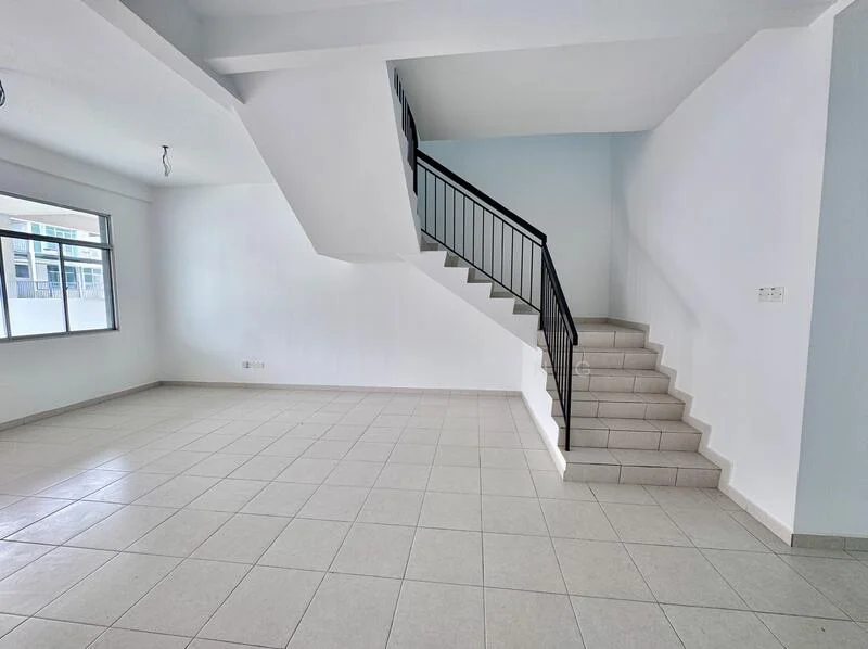 Room features: white painted walls, tile flooring, staircase with black railing, large window providing natural light, open layout, neutral color scheme, high ceiling, corner space; style: modern.
