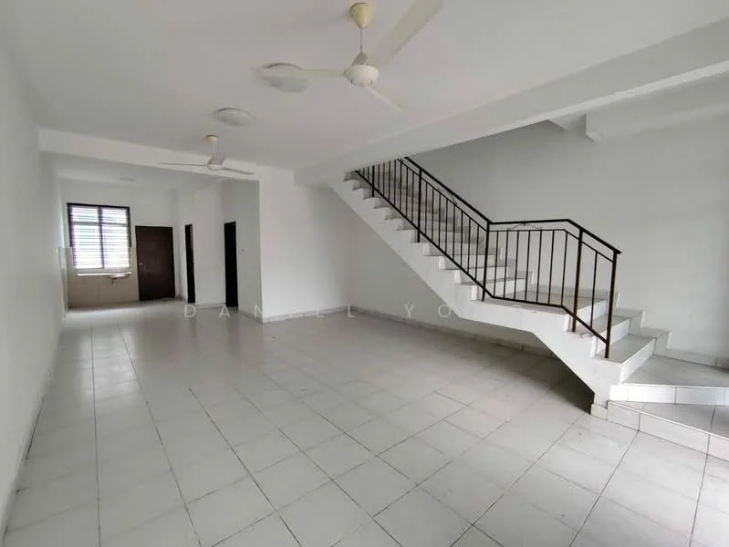 Room features: white painted walls, white tiled flooring, staircase with metal railing, 2 ceiling fans, large windows, open layout, natural light, no visible furniture; style: minimalist.
