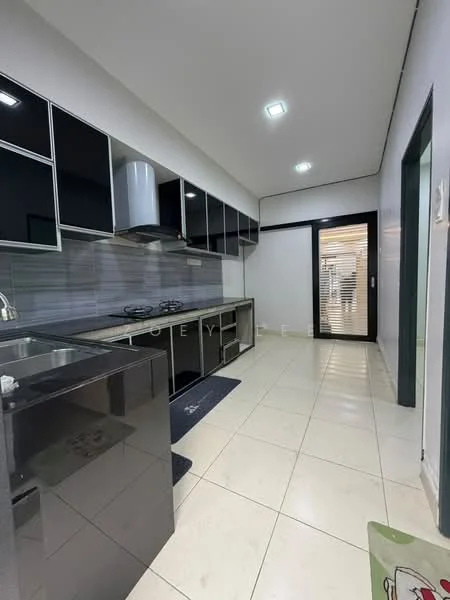 Kitchen features: black cabinetry with glass fronts, stainless-steel sink, chrome pull-down faucet, 4-burner gas hob, built-in oven, grey tiled backsplash, white tiled flooring, recessed downlights, sliding glass door, countertop with space for appliances, kitchen island, open shelving; style: modern.