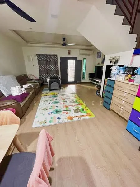 Living features: laminate flooring, 5-blade ceiling fan, sofa in brown fabric, coffee table, area rug with colorful pattern, wall-mounted TV, wooden storage cabinet in multiple colors, large window with natural light, decorative wall art, open layout to adjacent areas; style: modern.
