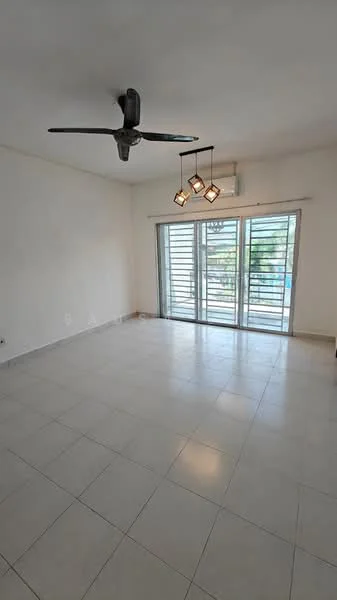 Living features: white painted walls, tile flooring, 5-blade ceiling fan with light, sliding glass door, floor-to-ceiling windows, natural light from windows, recessed downlights, open layout; style: modern; view: garden.