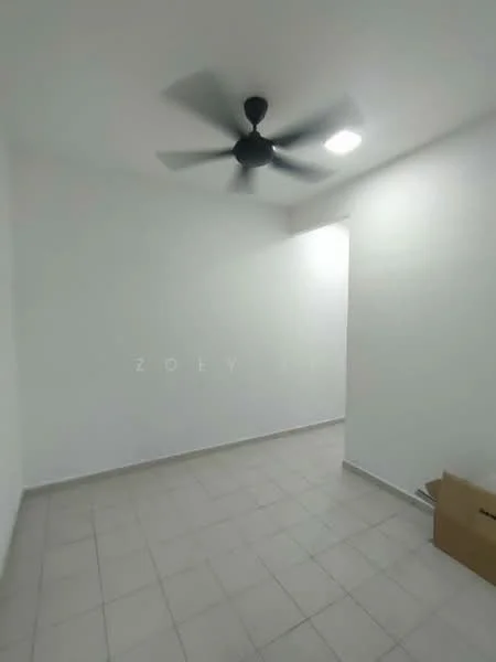 Room features: white painted walls, tile flooring, ceiling fan, recessed LED downlights, corner with doorway, empty cardboard box.