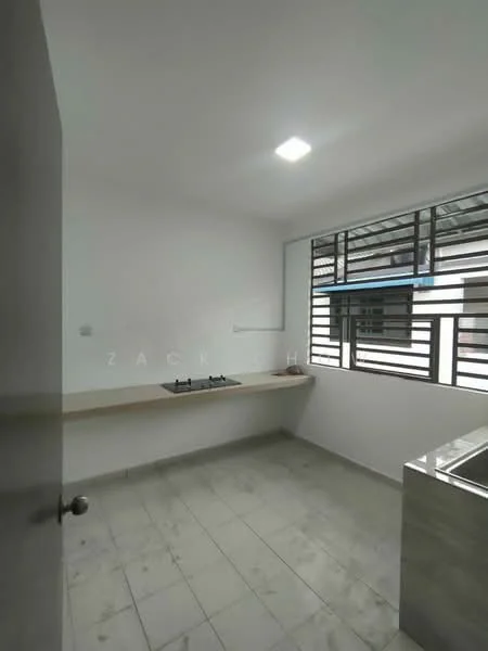 Kitchen features: white painted walls, marble tile flooring, single-bowl stainless-steel sink, chrome pull-down faucet, 2-burner gas hob, window with horizontal bars, wooden countertop, recessed LED downlights; style: modern.