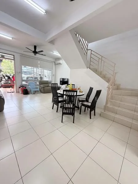 Dining features: round dining table, 4 black dining chairs, white tiled flooring, ceiling fan, wall-mounted TV, staircase leading to upper floor, large windows with natural light, open-plan layout; style: modern. Living features: 3-seater fabric sofa in grey, coffee table, TV console, large windows, decorative items on shelves; style: modern.