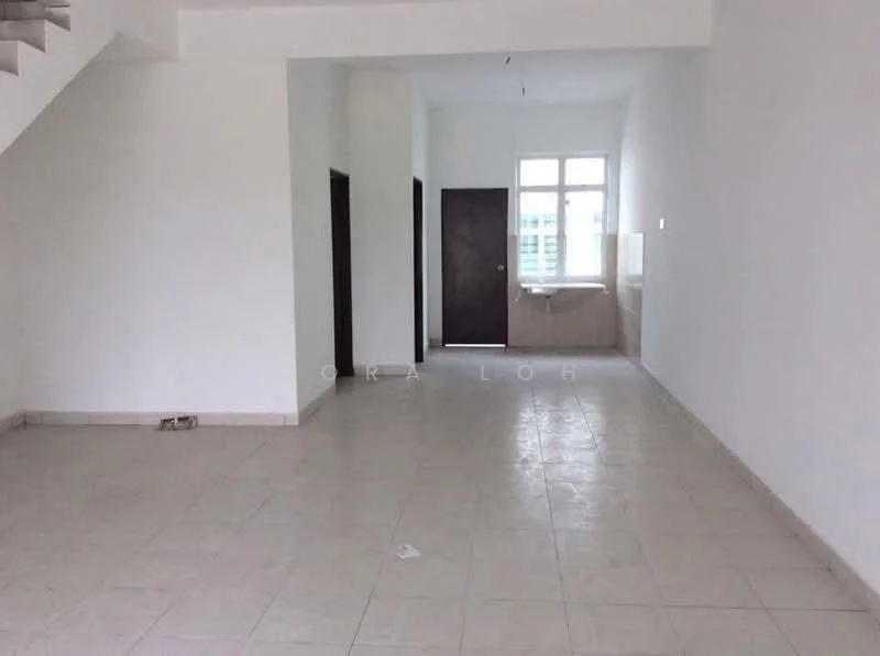 Room features: white painted walls, light-colored tiled flooring, large window allowing natural light, door leading to another room, staircase visible in the corner, empty space, no visible furniture, neutral color scheme; style: modern.