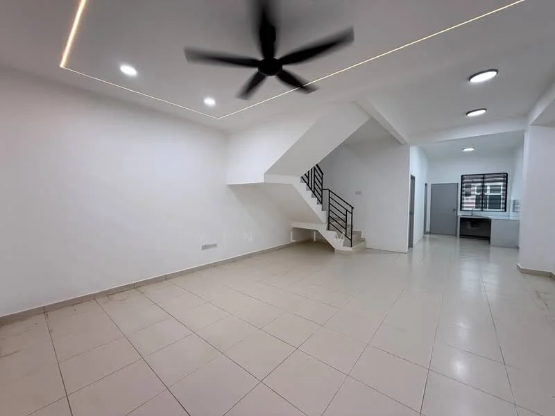 Living features: white painted walls, tile flooring, 5-blade ceiling fan, recessed LED downlights, staircase with metal railing, open layout, large windows, natural light; style: modern. Kitchen features: tile flooring, white walls, window, open layout; style: modern.