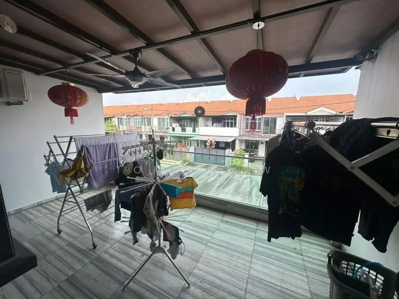 Laundry features: clothes drying rack, grey tiled flooring, white painted walls, sliding glass door, overhead ceiling with beams, decorative lanterns, view of neighboring houses; view: courtyard.