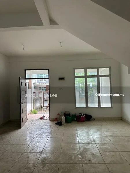Room features: white painted walls, tile flooring, large windows, double door entrance, staircase visible, natural light, unfinished space, clean lines; style: modern.