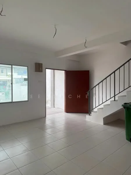 Room features: white painted walls, tile flooring, large window with view, staircase with metal railing, door leading outside, green trash bin, ceiling lights, open layout; style: modern.