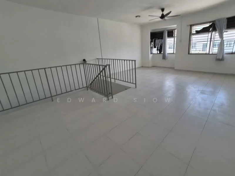 Room features: white painted walls, tile flooring, ceiling fan, windows with sheer curtains, railing, natural light from windows, open layout, neutral color scheme; style: modern.