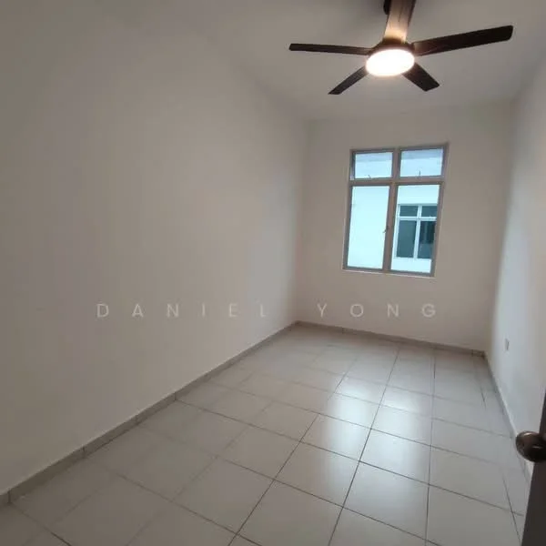 Room features: white painted walls, tile flooring, ceiling fan with light, single window, natural light, neutral color scheme; style: modern.
