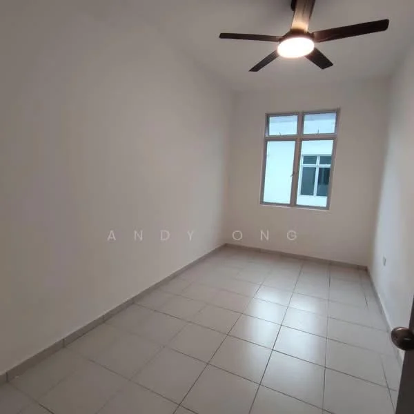 Room features: white painted walls, tile flooring, ceiling fan with light, single window, neutral color scheme; style: modern.