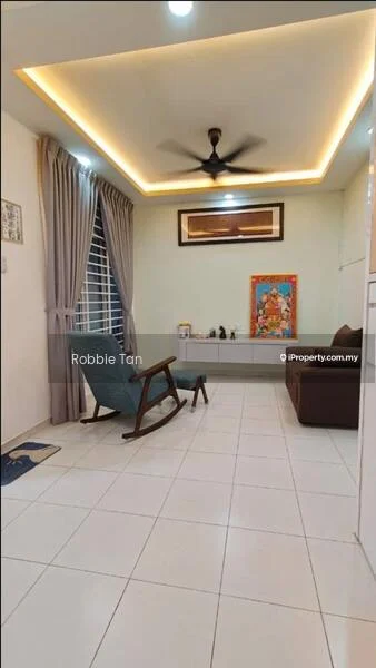 Living features: white painted walls, recessed ceiling with LED lighting, ceiling fan, large window with sheer curtains, light-colored tiled flooring, rocking chair, brown sofa, decorative artwork on wall, TV console, decorative items on console; style: modern.