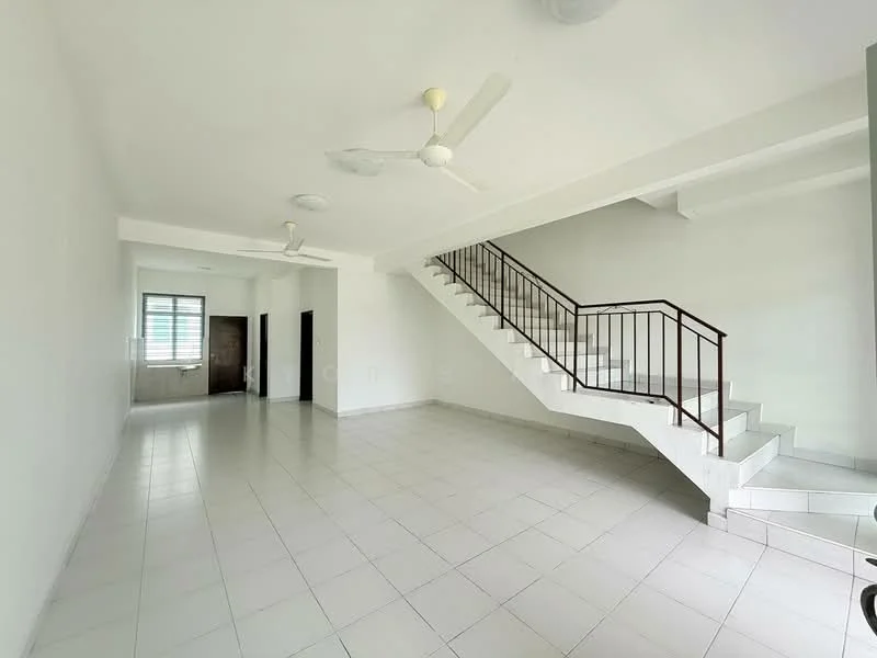 Room features: white painted walls, white ceiling, tile flooring, staircase with metal railing, 2 ceiling fans, large windows, open layout, natural light; style: modern.