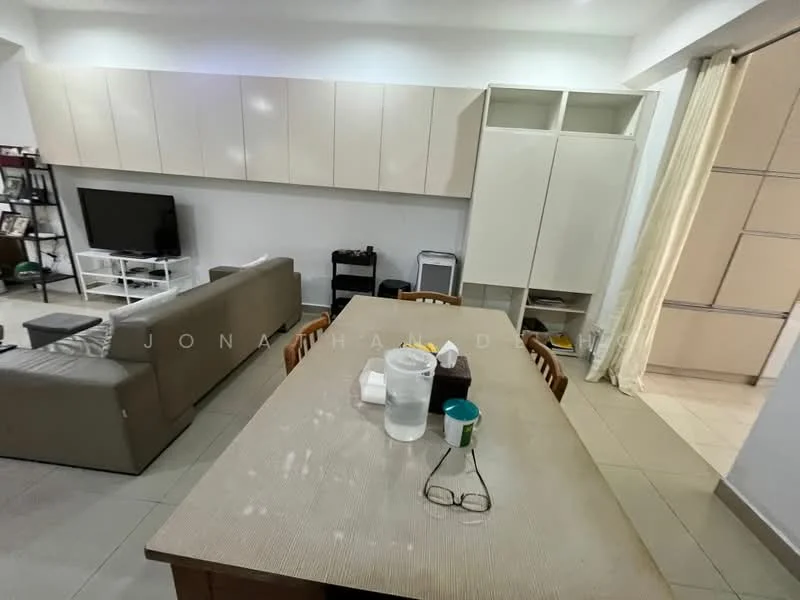 Dining features: rectangular wooden dining table, 6 wooden dining chairs, white cabinetry, light grey walls, tile flooring, wall-mounted TV, sofa in beige, open shelving unit, curtains, decorative items on table; style: modern.