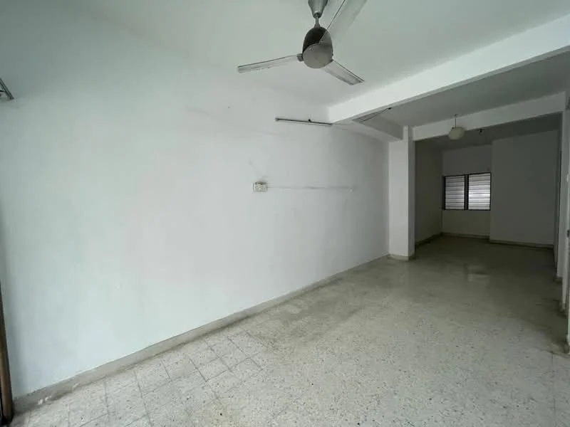 Room features: white painted walls, polished concrete flooring, 2 ceiling fans, window with blinds, light fixture on ceiling.