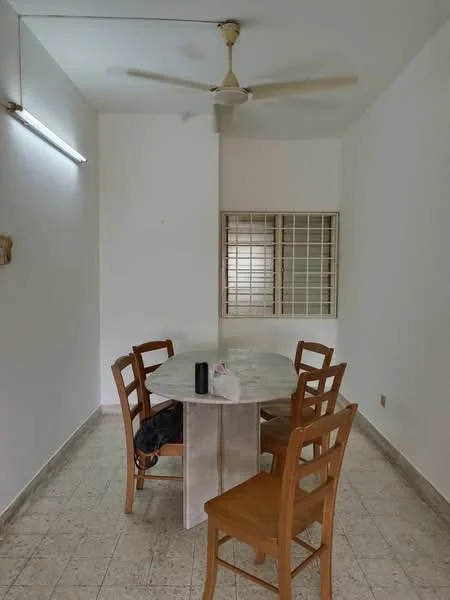 Dining features: round marble dining table, 4 wooden dining chairs, ceiling fan, white painted walls, tile flooring, window with metal grille, light fixture on wall; style: minimalist.