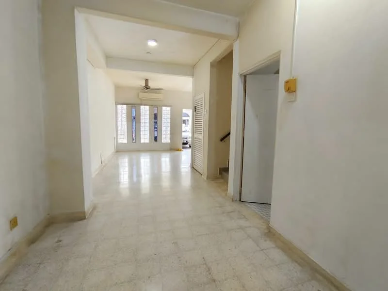 Room features: white painted walls, tile flooring, ceiling lights, wall-mounted ceiling fan, large windows, doorway leading to another room, staircase visible in background, built-in storage closet; style: minimalist.