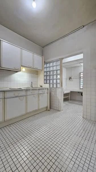 Kitchen features: white cabinetry, single-bowl stainless-steel sink, chrome pull-down faucet, white tiled backsplash, white tiled walls, black and white checkered tile flooring, fluorescent ceiling light, glass block window, open layout to adjacent room; style: minimalist.