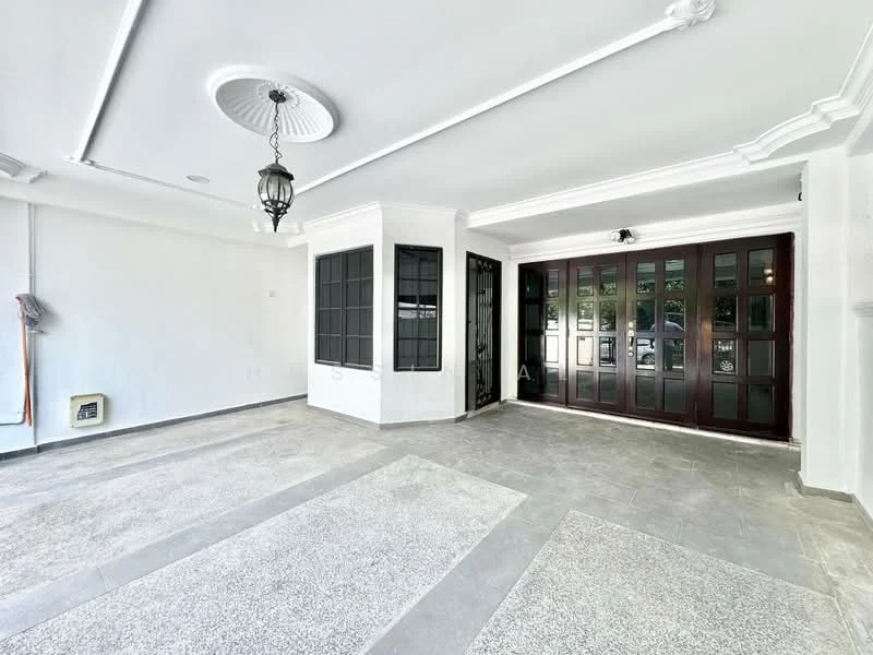 Room features: white painted walls, grey tiled flooring, exposed ceiling with decorative molding, hanging lantern light fixture, large glass windows, double wooden doors, air conditioning unit, corner wall with no visible features; style: modern.