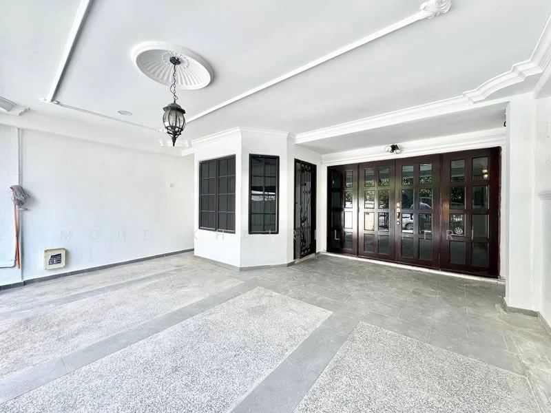 Room features: white painted walls, grey tile flooring, exposed ceiling with decorative moulding, hanging lantern light fixture, large windows with black frames, double wooden doors, air conditioning unit, recessed ceiling lights; style: modern.