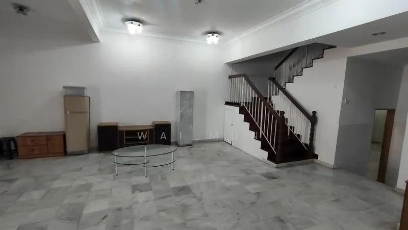 Living features: marble tile flooring, white painted walls, crown moulding, 2 ceiling lights, staircase with wooden railing, glass coffee table, wooden cabinets, open layout; style: modern.