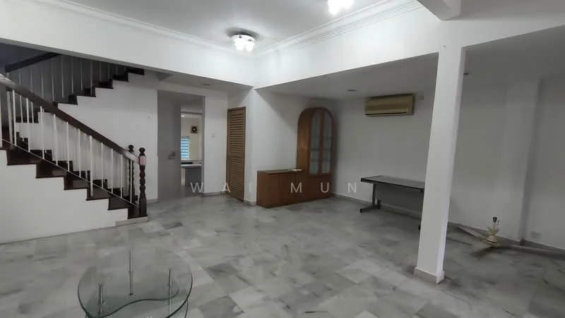 Room features: marble flooring, white painted walls, ceiling rose, recessed downlights, wooden staircase, glass coffee table, built-in wooden cabinet, air conditioning unit, open layout, large windows; style: modern.