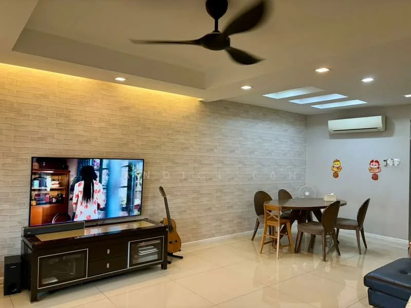 Living features: cream painted walls, exposed brick accent wall, polished ceramic tile flooring, 5-blade ceiling fan with light, recessed LED downlights, wall-mounted TV, TV console, wooden coffee table, dining table with chairs, guitar, air conditioning unit; style: modern.