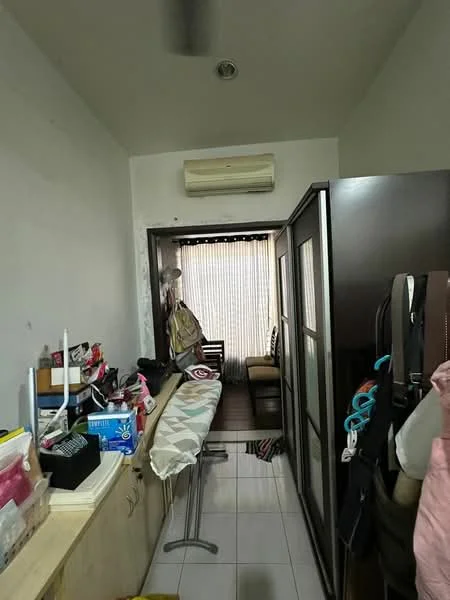 Room features: white painted walls, glossy tile flooring, 1 wall-mounted split AC, ceiling fan, wooden partition, bar counter with stools, window with sheer curtains, furniture clutter, storage cabinets, decorative items on counter; style: modern.