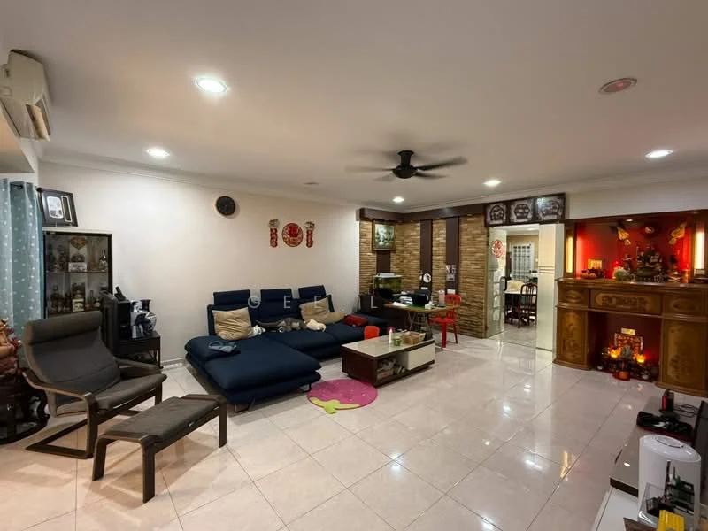 Living features: 3-seater fabric sofa in navy blue, coffee table, TV console, wall-mounted TV, area rug, ceiling fan with light, recessed downlights, cream painted walls, marble tile flooring, decorative wall art, built-in cabinetry, open layout to kitchen, brick accent wall; style: modern.