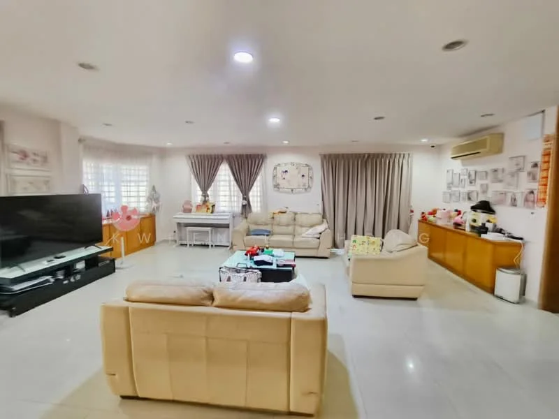 Living features: cream leather sofa, 2-seater sofa, 3-seater sofa, flat-screen TV on console, light-colored tiled flooring, recessed ceiling lights, curtains in light grey, wall-mounted air conditioning unit, decorative wall art, wooden cabinetry, coffee table, area rug; style: modern.