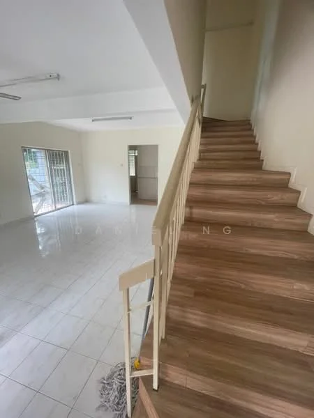 Room features: white painted walls, tile flooring, wooden staircase, large windows, sliding glass door, high ceiling, ceiling lights, open layout; style: modern; view: garden.