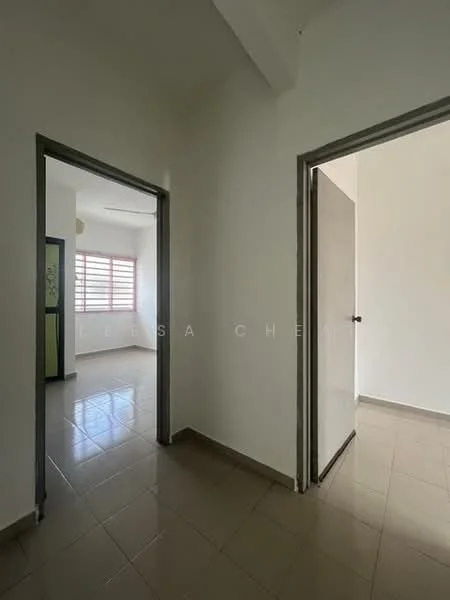 Room features: white painted walls, tile flooring, window with horizontal blinds, door with handle, door frame, light fixture on ceiling, neutral color scheme.
