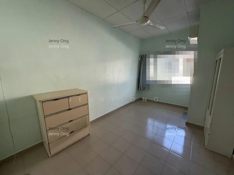 Room features: light green painted walls, tiled flooring, ceiling fan, window with curtain, built-in wardrobe, chest of drawers.