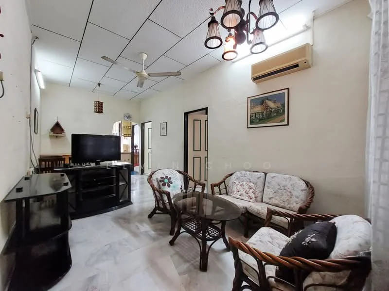Living features: 3-seater rattan sofa with floral upholstery, 2-seater rattan sofa with floral upholstery, glass coffee table, wall-mounted TV, black TV console, ceiling fan, recessed lighting, air conditioning unit, white painted walls, marble flooring, decorative wall art; style: traditional.