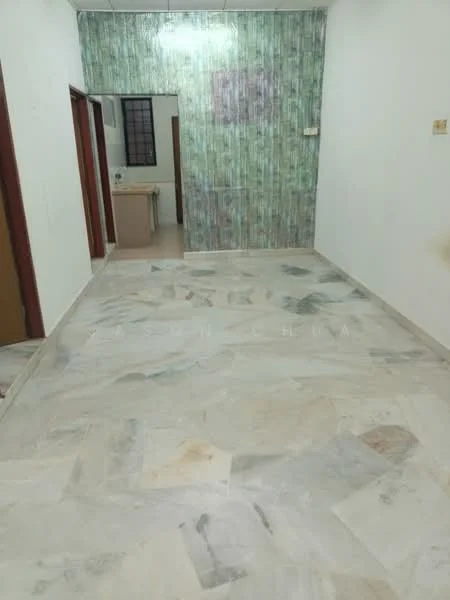 Room features: marble flooring, white painted walls, green patterned accent wall, door frames, window, ceiling lights.