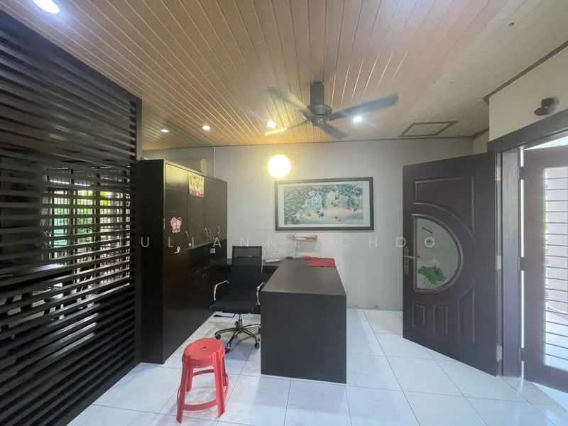 Study features: wooden ceiling with recessed lighting, white tiled flooring, dark wood feature wall, large framed artwork on wall, ceiling fan, built-in desk with storage, black office chair, red plastic stool, double-door entrance, window with natural light; style: modern.