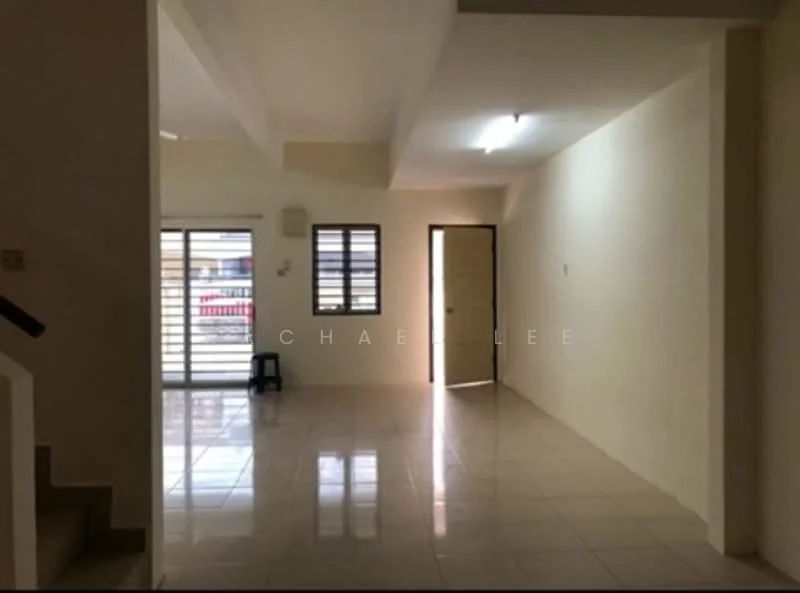 Room features: cream painted walls, white ceiling, tile flooring, sliding glass door, window with horizontal bars, door leading outside, light fixture on ceiling, open layout; style: modern.