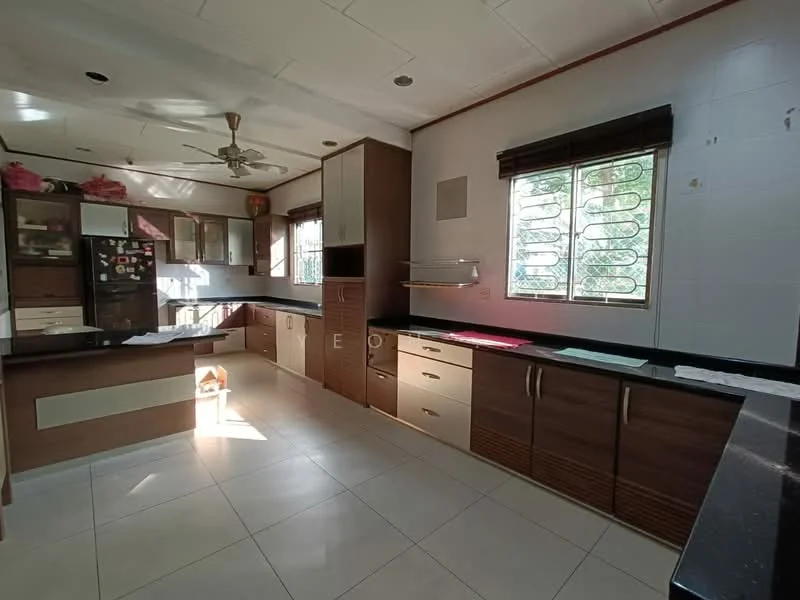 Kitchen features: black granite countertop, wood cabinetry with cream and brown finish, stainless-steel fridge, built-in oven, 4-burner gas hob, single-bowl stainless-steel sink, chrome pull-down faucet, tile flooring, ceiling fan, window with metal grille, under-cabinet lighting, wall-mounted cabinets, open shelving; style: modern.