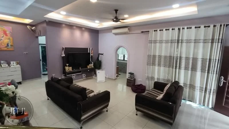 Living features: 2-seater fabric sofa in black, 2-seater fabric sofa in striped pattern, coffee table, wall-mounted TV, TV console, recessed downlights, ceiling fan, white curtains with geometric pattern, light purple painted walls, white tiled flooring, decorative wall art, air conditioning unit; style: modern.