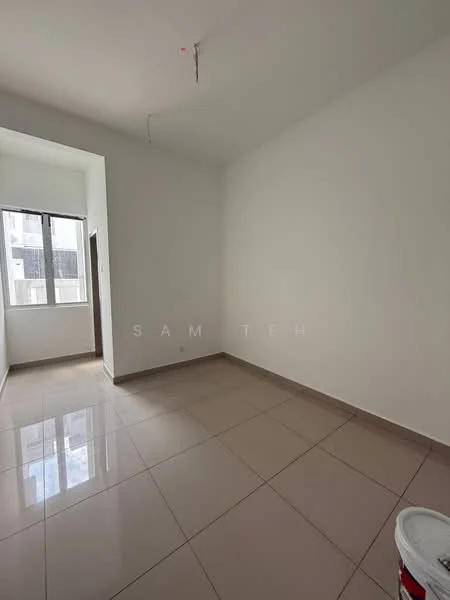 Room features: white painted walls, glossy ceramic tile flooring, floor-to-ceiling window, natural light from window, ceiling with exposed wiring, neutral color scheme; style: modern.