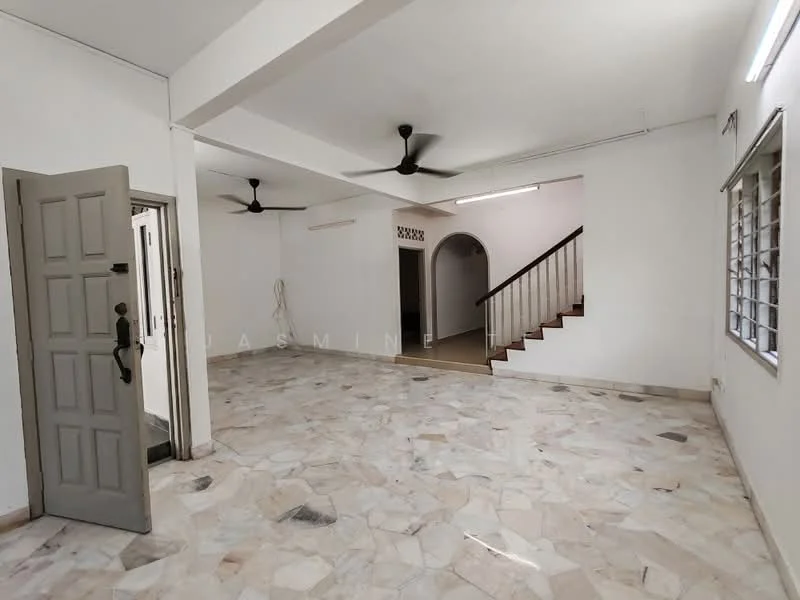 Living features: marble flooring, white painted walls, 2 ceiling fans, arched doorway, staircase with wooden railing, large windows, open layout, neutral color scheme; style: minimalist.