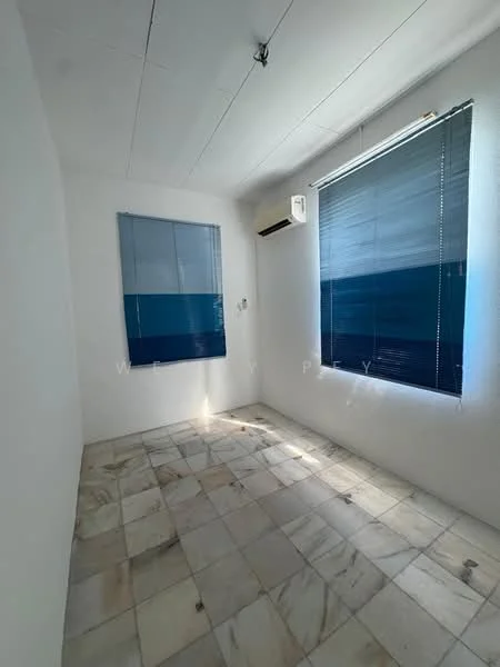 Room features: white painted walls, marble tile flooring, floor-to-ceiling windows with blue blinds, wall-mounted split AC.