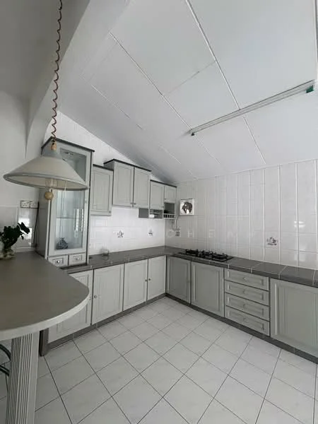 Kitchen features: grey cabinetry, white tiled backsplash, grey countertop, built-in gas hob, oven, single-bowl stainless-steel sink, chrome pull-down faucet, white tiled flooring, pendant light, sloped ceiling, open shelving, window above sink; style: modern.