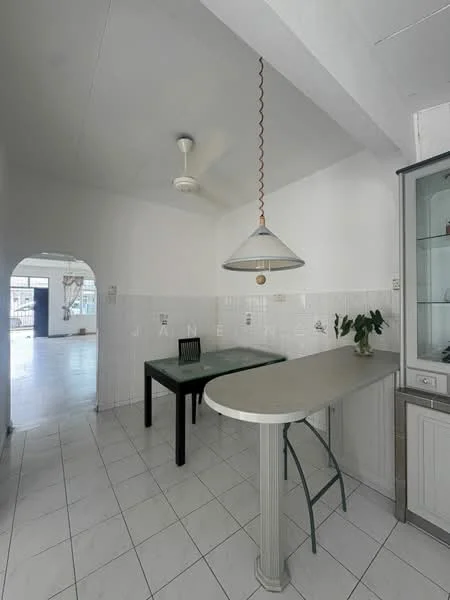 Dining features: white painted walls, white tiled flooring, ceiling fan, pendant lamp, glass dining table, black dining chairs, bar counter with grey countertop, built-in cabinetry, open layout to living area; style: modern. Room features: white painted walls, white tiled flooring, arched doorway, natural light from adjacent room.