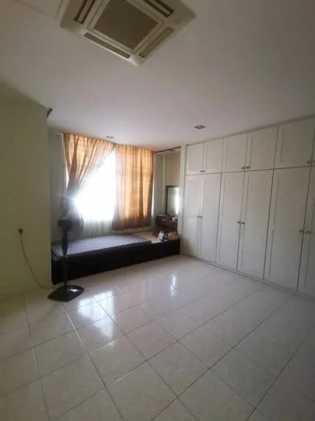 Room features: white painted walls, glossy ceramic tile flooring, large window with sheer curtains, built-in wardrobe with multiple doors, ceiling-mounted air conditioning unit, fan on stand, bed platform, neutral color scheme; style: modern.