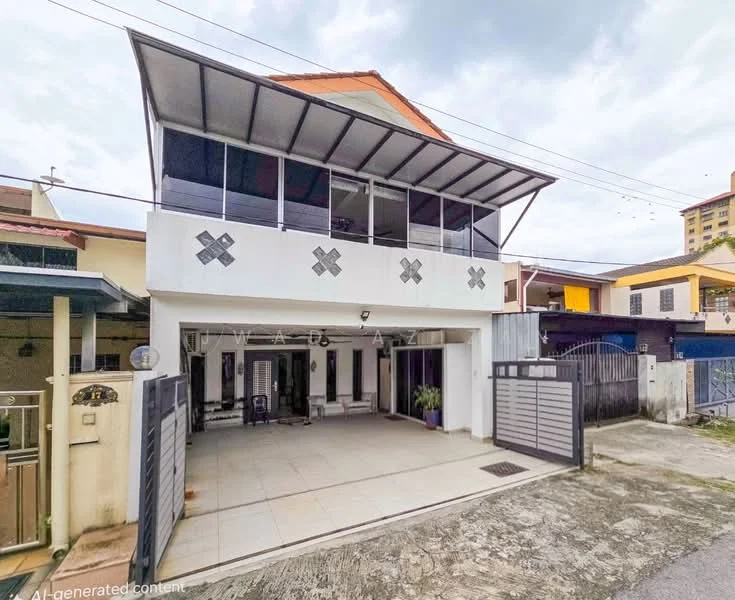 Exterior type: semi-detached house; features: white painted facade, flat roof, approximately 2-storey, manicured lawn, paved driveway, balcony with railing, large windows, decorative wall patterns, covered car porch, surrounded by neighboring houses; style: modern.