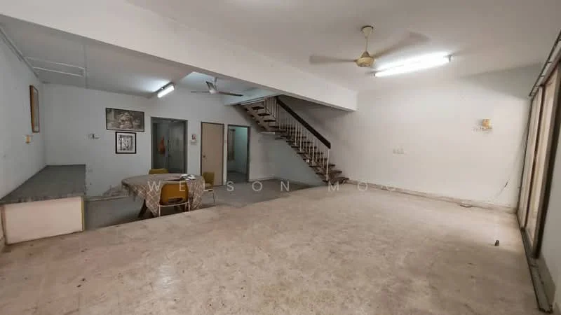 Living features: concrete flooring, white walls, ceiling fan, recessed lighting, staircase, dining table with chairs, open layout, large windows, doorway to other rooms.