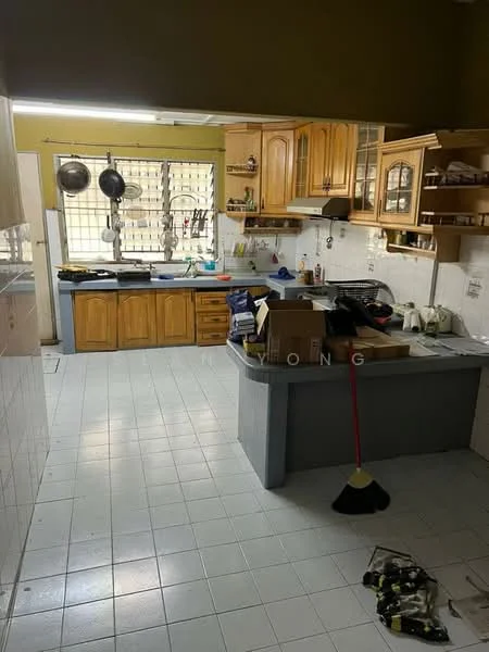 Kitchen features: wooden cabinetry, granite countertop, single-bowl stainless-steel sink, chrome pull-down faucet, built-in oven, freestanding range oven, ceramic tile flooring, wall-mounted shelves, window with security bars, kitchen island, hanging pots rack, white tiled backsplash, recessed lighting; style: traditional.